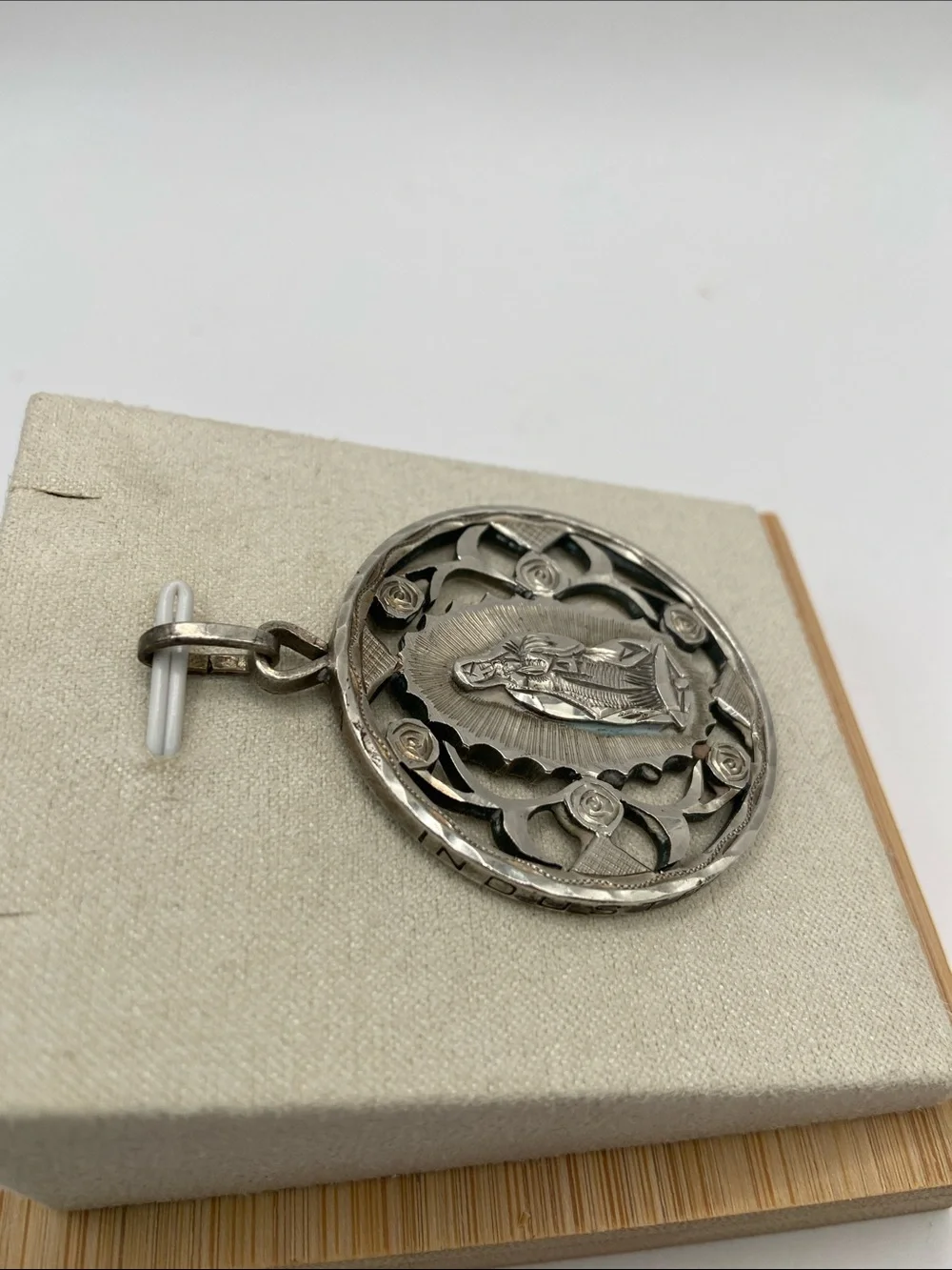 Silver Mexican 5 Peso Virgin Mary Coin Pendant Hand Carved Vintage Collectible